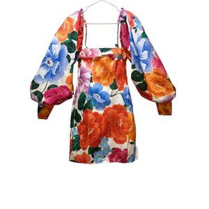 Flaw ASOS LUXE Satin Mini Dress Womens 4 Pink Orange Floral Ballon Sleeve Cutout